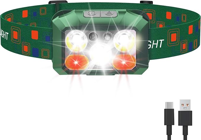 Headlamp Rechargeable LED, 800 Lumens with Red & White Light, 8 Modes, Motion Sensor, USB-C Charging, IPX4 Waterproof (1, Green)