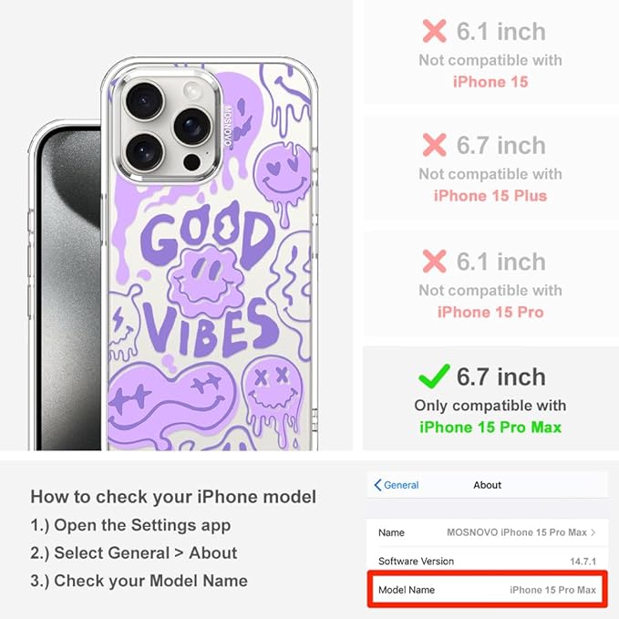 MOSNOVO Case for iPhone 15 Pro Max, [Buffertech 6.6ft Military-Grade Drop Protection] [Anti Peel Off Tech] Clear TPU Bumper Phone Case Cover Design - Good Vibes