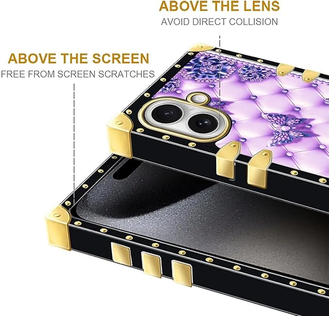 for iPhone 17 Case Luxury Golden Decoration for Girl Women Soft TPU Shockproof Protective Hard PC Back for iPhone 17 Crazy Pattern Purple Butterfly Flowers Leaf
