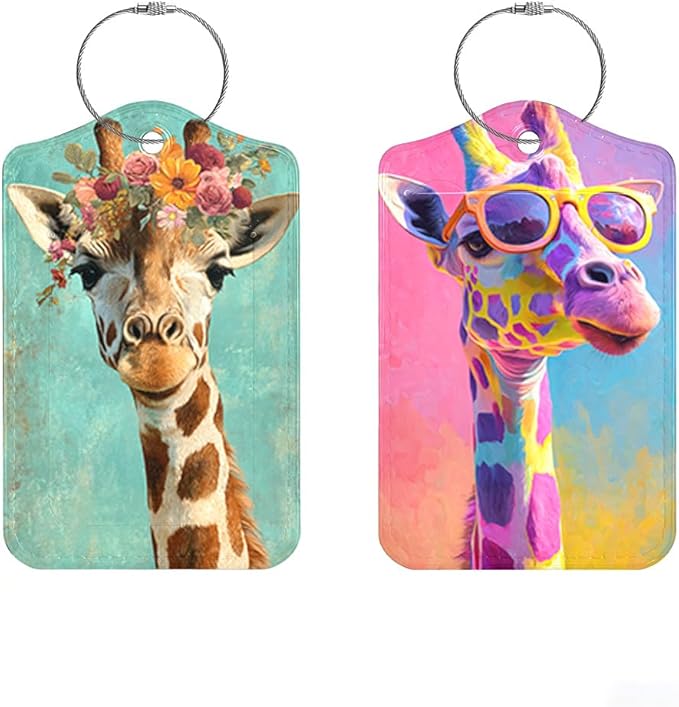 2 Pack Giraffe Luggage Tags for Suitcases, Floral & Sunglasses Animal Travel ID Tags with Privacy Cover, PU Leather Bag Identifiers, Spring & Summer Vacation Essentials, Mother's Day