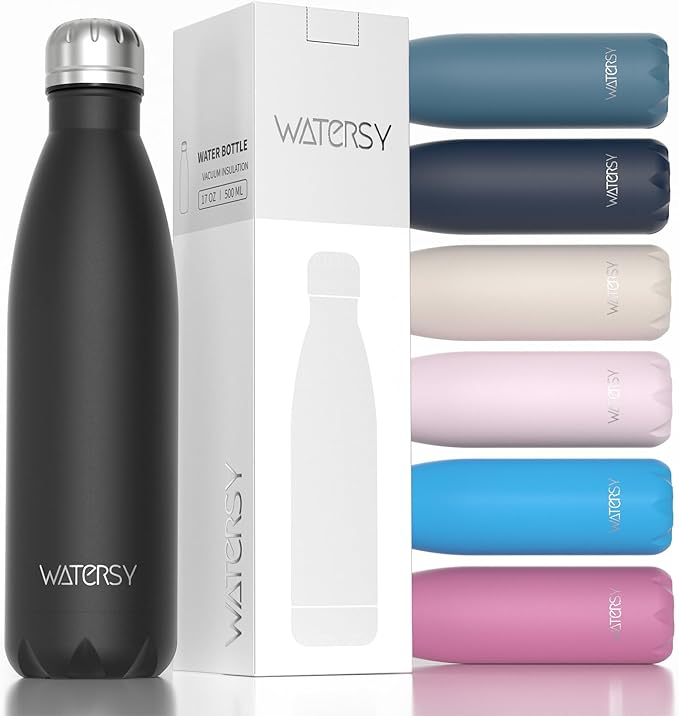 WATERSY Stainless Steel water bottles,17oz/500ml Insulated Water Bottles,Black metal water bottle Keeps Drink Cold and Hot,BPA Free kids water bottles for School,Gym,Travel,Sports