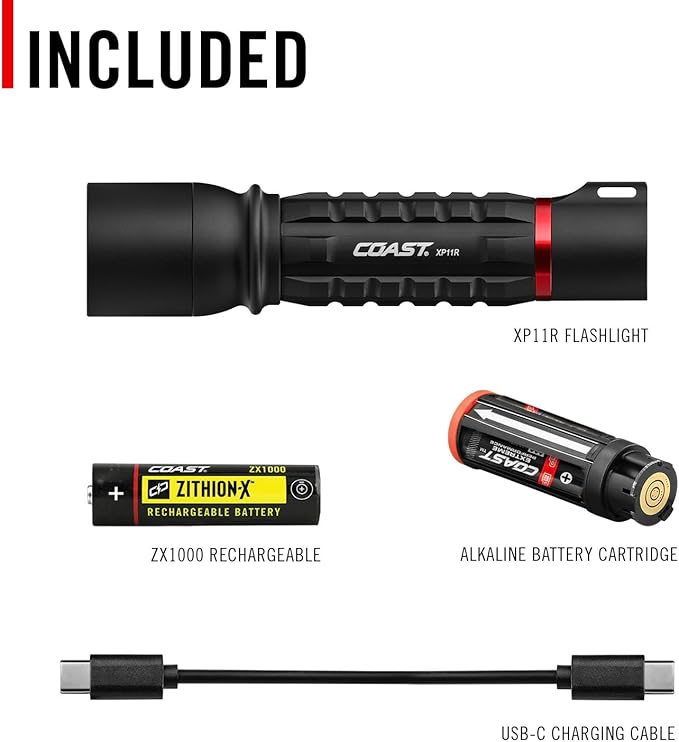 Coast XP11R 2600 Lumen USB-C Rechargeable LED Flashlight with Slide Focus® and Pure Beam® Focusing Optic, 4 Light Modes, Black