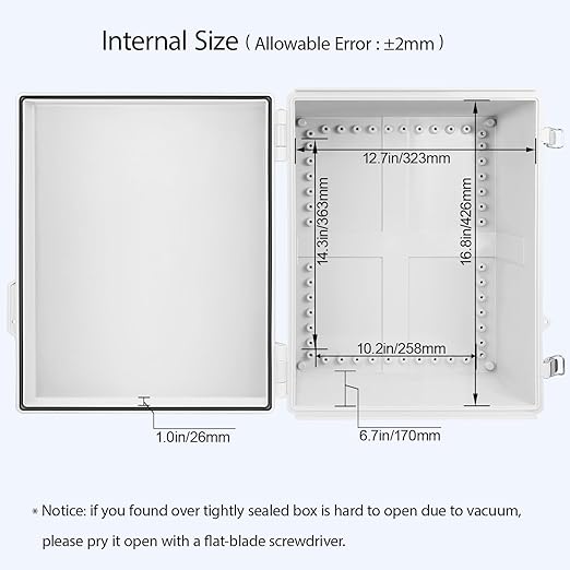 LeMotech Electrical Box, IP67 Waterproof Hinged Cover Stainless Steel Latch Junction Box, ABS Plastic Electrical Enclosure with Mounting Plate,Wall Brackets, Cable Glands, 17.7"x13.8"x7.9", Grey