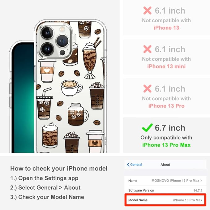 MOSNOVO Case for iPhone 13 Pro Max, [Buffertech 6.6ft Military-Grade Drop Protection] [Anti Peel Off Tech] Clear TPU Bumper Phone Case Cover Design - Coffee