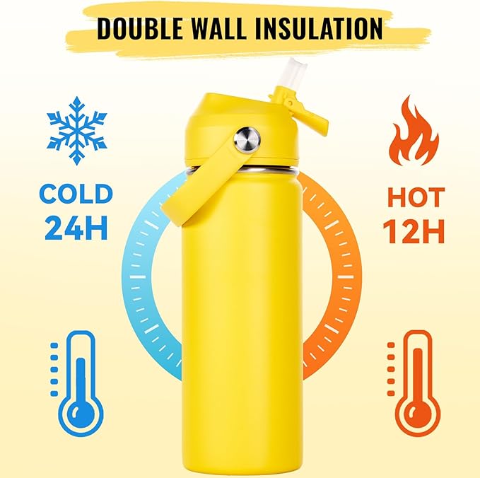 Fijinhom 18oz Insulated Stainless Steel Water Bottle, Wide Mouth Double Wall Vacuum, Silicone Straw, Sweat & Leak Proof, BPA Free Insulated Water Flask for Travel, Keep Cold 24h Hot 12h, Yellow