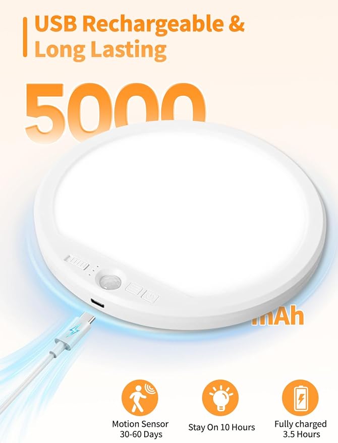 Rechargeable Motion Sensor Ceiling Light with Remote, Magnetic Mount, Cordless, Dimmable 3 Color Temperatures (6500K~3000K), No Wiring LED Light for Closet, Stairs, Hallway, Porch