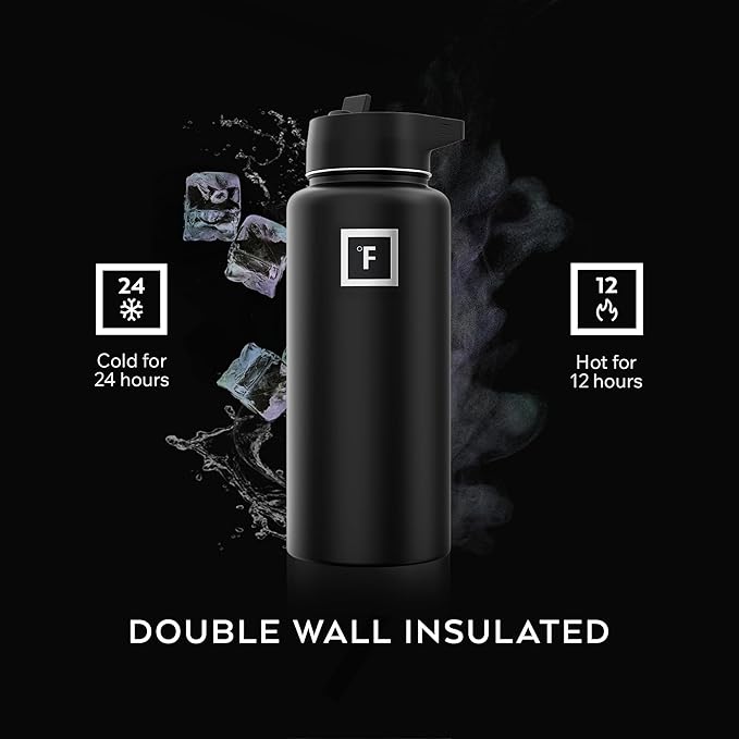 IRON °FLASK Camping & Hiking Hydration Flask with Straw, Wide Mouth Insulated Stainless Steel Sports Water Bottle - Aurora 32 oz - Straw (1 Lid)
