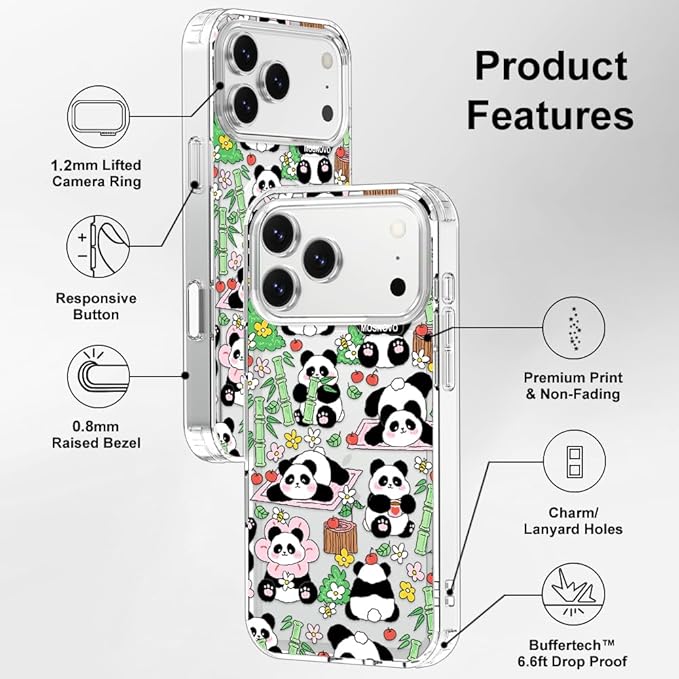 MOSNOVO for iPhone 17 Pro Max Case, Shockproof Military-Grade Protection 6.6ft Drop Tested, Camera Control, Clear Phone Case for iPhone 17 Pro Max, Kawaii Panda Garden Design