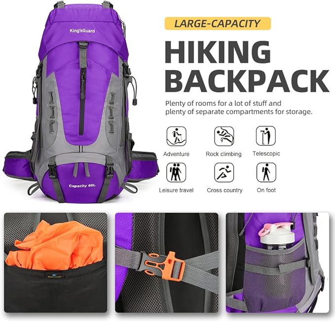 King'sGuard 60L Hiking Backpack for Men and Women Lightweight Camping Hiking Backpack with Rain Cover Large Waterproof Travel Backpack Backpacking Pack (Purple)