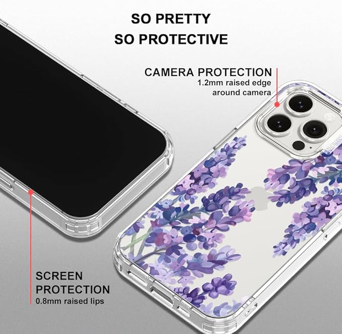 MOSNOVO Case for iPhone 15 Pro Max, [Buffertech 6.6ft Military-Grade Drop Protection] [Anti Peel Off Tech] Clear TPU Bumper Phone Case Cover Design - Lavender