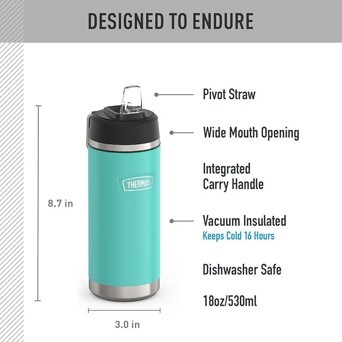 THERMOS ICON SERIES, Insulated Water Bottle with Straw Lid - 18 Ounce, Seafoam - Stainless Steel Vacuum Insulated Water Bottle with Straw Lid