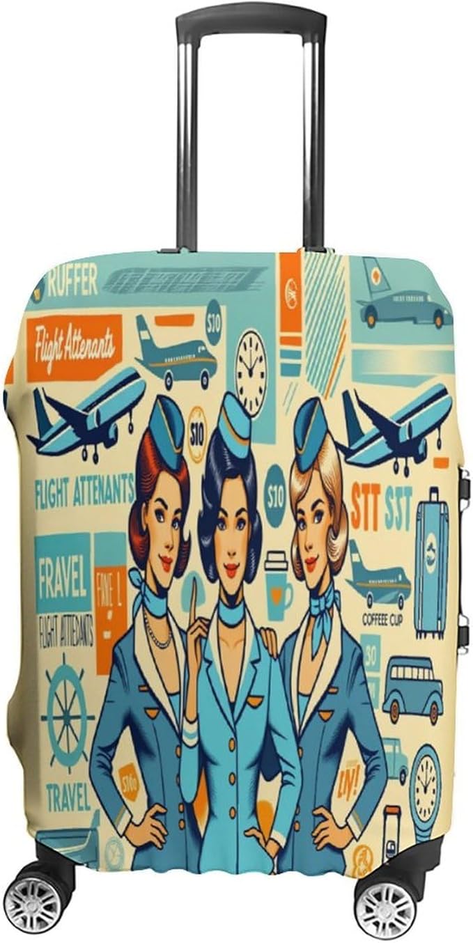 Flight Attendants Travel Vintage Style Retro Stretch Luggage Cover, Washable Suitcase Protector Fits 19-21in Cases, Secure Fit for Carry On Checked Bags, Travel Essentials