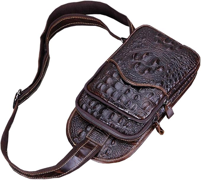 Hebetag Crocodile Genuine Leather Sling Crossbody Bag for Men Travel Outdoor Hunting Hiking Camping Shoulder Chest Pack Backpack Daypack Coffee