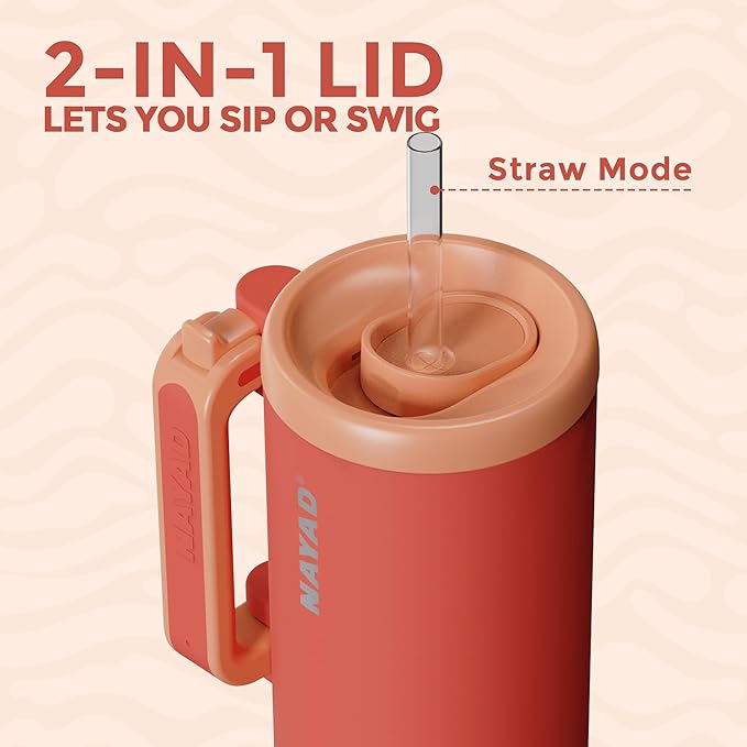 NAYAD 40oz Travel Tumbler with Handle and Straw|Cup Holder Friendly Insulated Stainless Steel Dual Straw-Sip Lid Folding Handle Cupholder Compatible for Travel or Gift| BPA-Free(Orange)