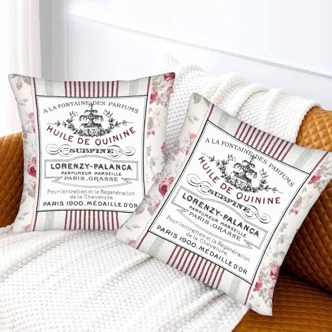 Huile De Quinine Vintage French 18 X 18 Pillow Covers Elegance Fountain Pink Rose Wreath Floral Striped Set of 2 Pillow Cases Square Outdoor Pillowcases Decorative Home Bed Sofa Couch Hotel