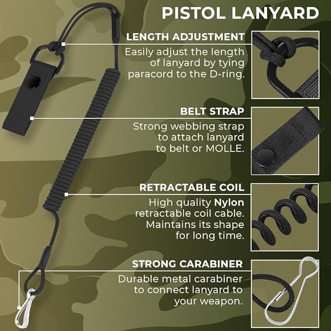 TECEUM Tactical Pistol Lanyard – 3+ Colors – Equipment Accessories for Military, Police, Security & Personal Use – Spring Safety Strap with D-Ring Keeper – Anti-Loss Elastic Coil for Belt or MOLLE