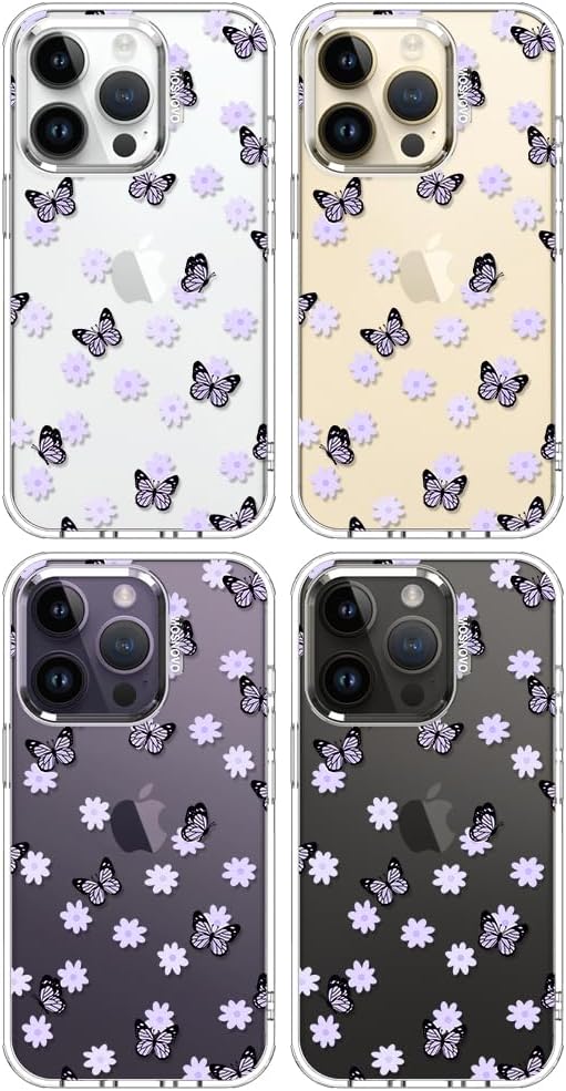 MOSNOVO Case for iPhone 14 Pro, [Buffertech 6.6ft Military-Grade Drop Protection] [Anti Peel Off Tech] Clear TPU Bumper Phone Case Cover Design - Lilac Butterfly
