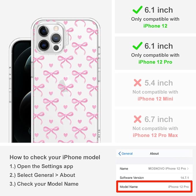 MOSNOVO Case for iPhone 12 & iPhone 12 Pro, [Buffertech 6.6ft Military-Grade Drop Protection] [Anti Peel Off Tech] Clear TPU Bumper Phone Case Cover Design - Bowtiful Love