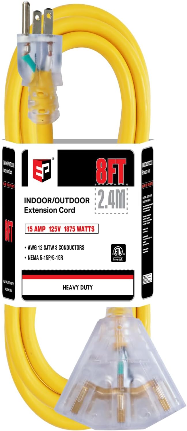 EP 8 Ft 12 Gauge Heavy Duty Extension Cord, 15A 125V 1875W, 3 Outlet Indoor/Outdoor Power Cord with Lighted End, 12/3 SJTW Weatherproof Yellow