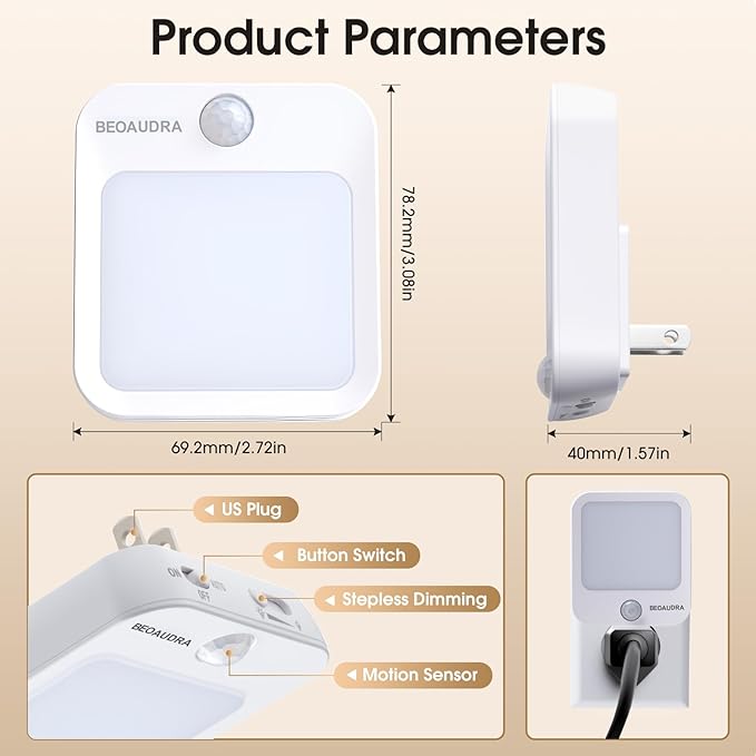 Motion Sensor Night Light Plug in, Dimmable Warm White Motion Activated LED Night Lights for Bedroom Bathroom Hallway Stairs 2 Pack