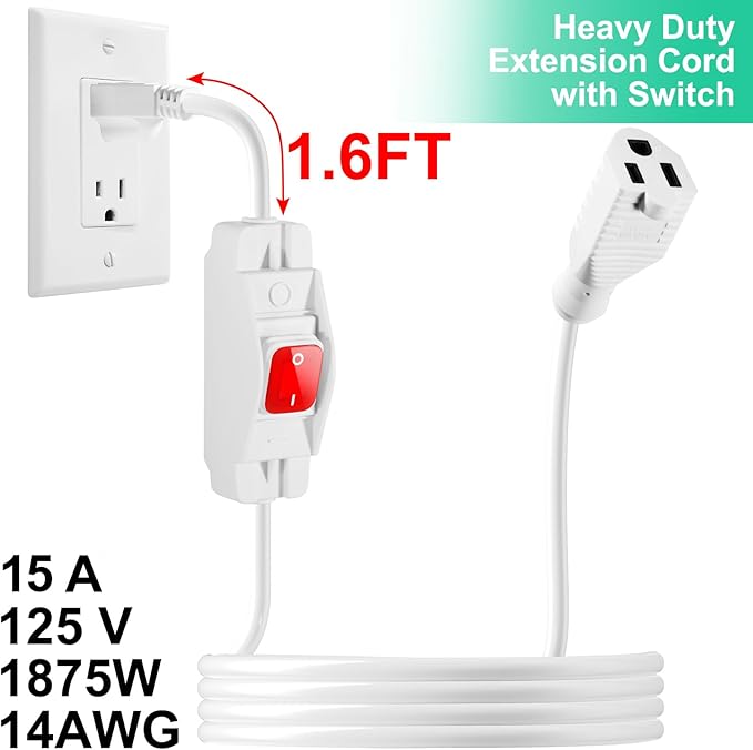Outdoor Waterproof On/Off Switch Extension Cord, Heavy Duty 125v/250v Black SJTW Cord (6 Ft, White)