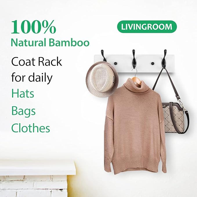 Badiano Wooden Coat Rack, Wall-Mounted Organizer for Closet, Entryway, Hallway, Foyer, Bedroom, Heavy Duty Double Hooks for Hanging Towels, Bags, Hats, Jackets, Key (WhiteBlack, 3 Hooks)