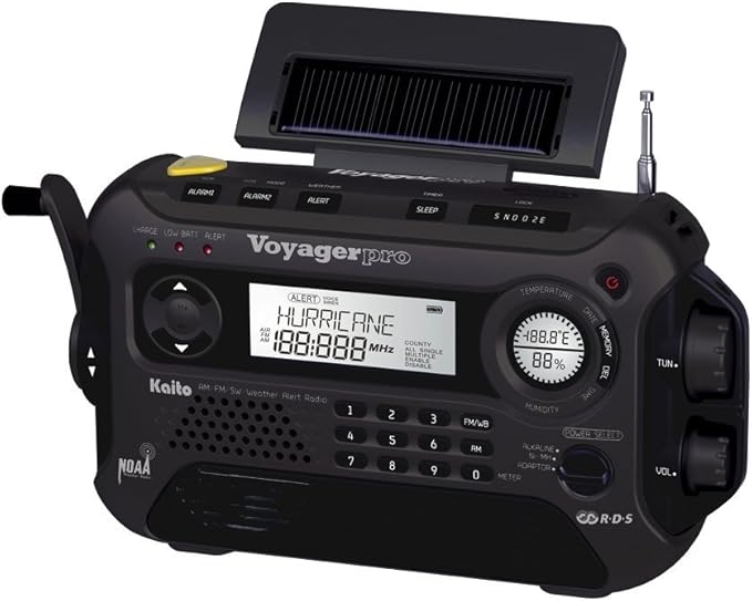 Kaito Voyager Pro KA600 Digital Solar Dynamo Hand Crank AM/FM/LW/SW & NOAA Weather Emergency Radio with Flashlight, Reading Lamp,Smart Phone Charger & RDS and Real-Time Alert, with AC Adapter, Black