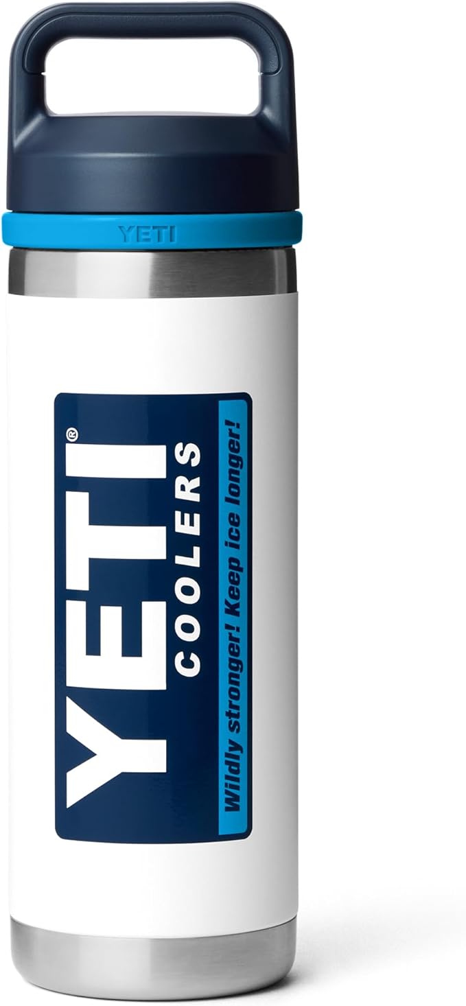 YETI Rambler 18 oz Bottle, Leakproof, Vacuum Insulated, Stainless Steel with Chug Cap, White/Blue