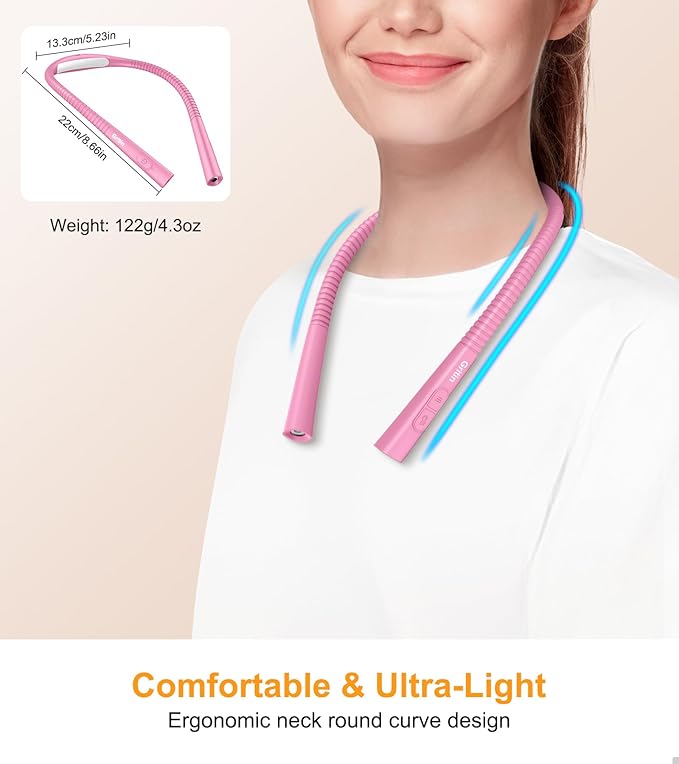 Gritin Book Light, Eye Caring 4-Color & 5-Brightness Neck Light Reading Light- Stepless Dimming,30-min Timer,80+ Hrs Runtime,Bendable Round Neck Design, Lightweight for Reading-Rose