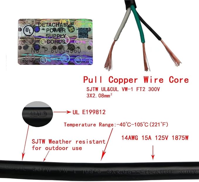 3 Outlet Extension Power Cord 105℃ Temperature Resistant Waterproof Cable 14AWG 15A 3 Prong Heavy Duty Outdoor Extension Cord,10Feet(3.1Meters,Black)