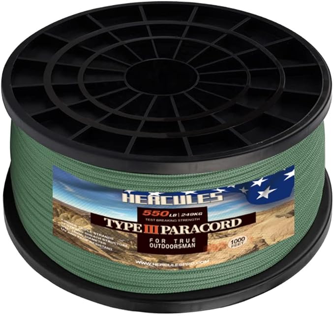 HERCULES Type III Paracord 550 Paracord Rope Parachute Cord, 1000' Olive Green for Survival Rope, Survival Cord