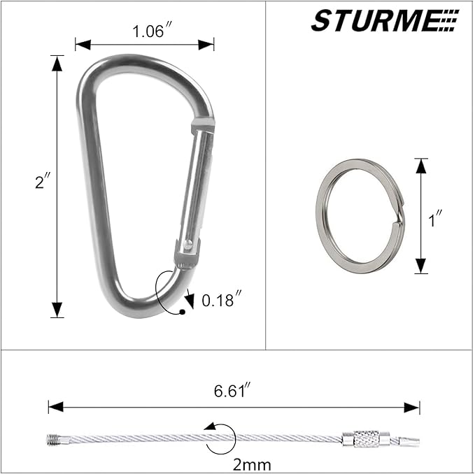 STURME 2" Aluminum D Ring Carabiners Clip D Shape Spring Loaded Gate Small Keychain Carabiner Clip Set Outdoor Camping Mini Lock Snap Hooks Spring Link Key Chain Durable Improved 24 PCS