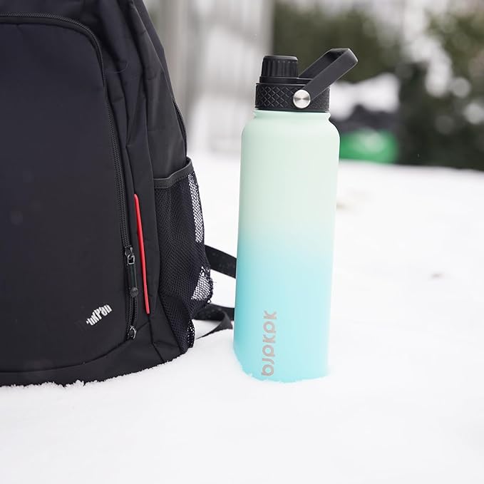 BJPKPK 2 Pack Insulated Water Bottles with Straw Lids, 40ozStainless Steel Metal Water Bottle with 6 Lids, Leak Proof BPA Free Jugs, Cups, Flasks for Travel, Sports (Army Green+Mint)