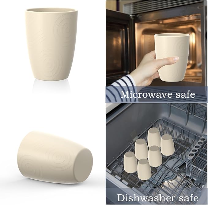 Homienly Plastic Cups Alternative 12oz - Wheat Straw Cups Set of 6 Reusable & Unbreakable Drinking Glasses Dishwasher & Microwave Safe Cups for Everyday Use-Beige