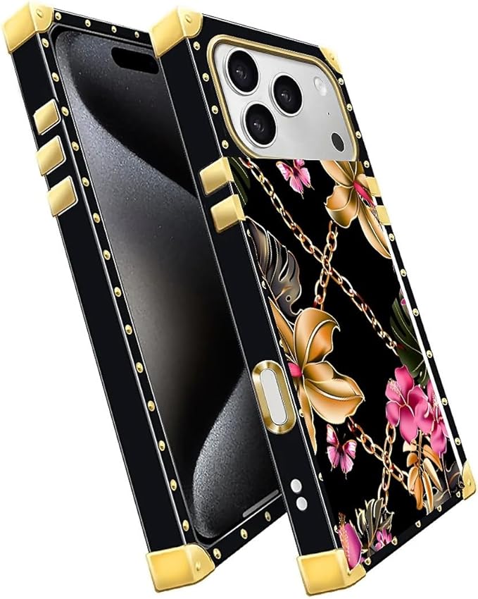 for iPhone 17 Pro Max Case Luxury Golden Decoration for Girl Women Soft TPU Shockproof Protective Hard PC Back for iPhone 17 Pro Max Crazy Pattern Pink Golden Chain Tropical Flower
