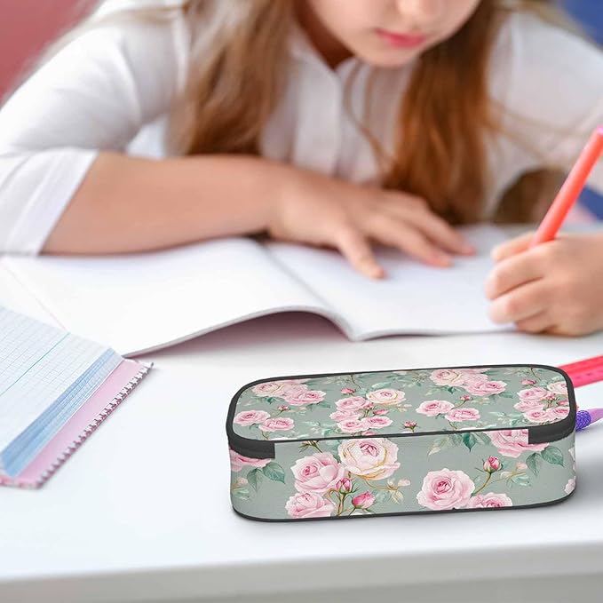 Pink Blooming Flower Pencil Holder Bag Roses Peonies Bouquets Leaves Garden Pencil Case College Office School for Teens Boy Girl