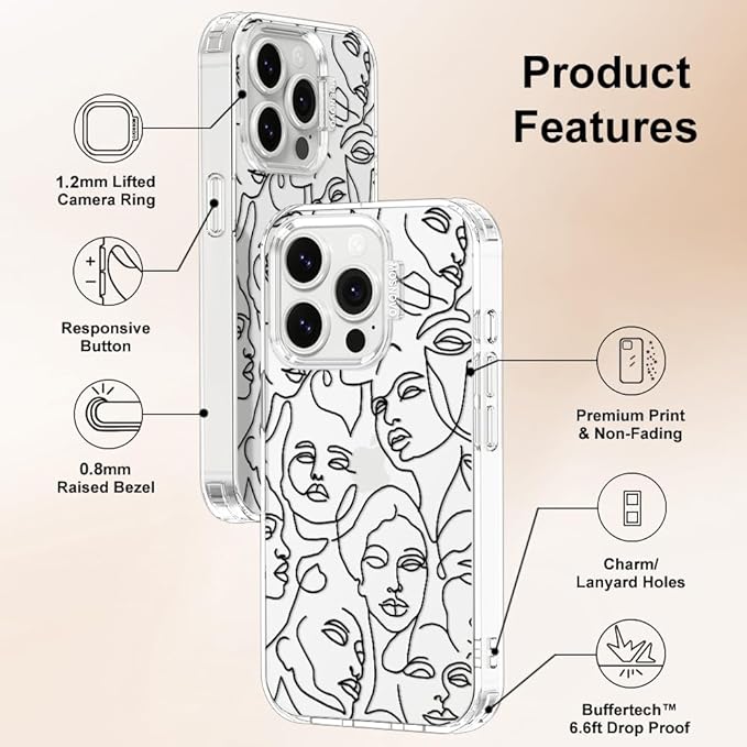 MOSNOVO Case for iPhone 14 Pro, [Buffertech 6.6ft Military-Grade Drop Protection] [Anti Peel Off Tech] Clear TPU Bumper Phone Case Cover Design - Abstract Face Line Art