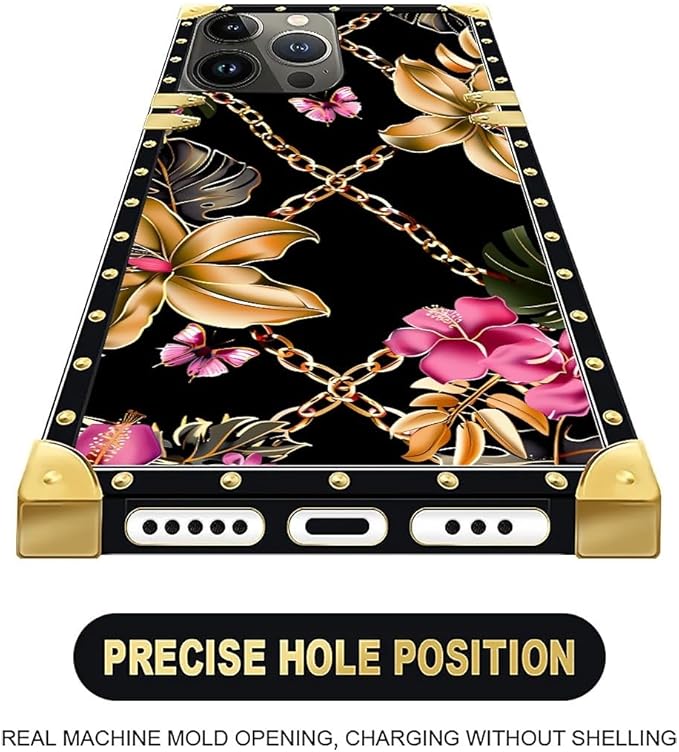 Compatible with iPhone 16 Pro Max Case, Pink Golden Chain Tropical Flower Luxury Golden Decoration for Girl Women Soft TPU Shockproof Protective Hard PC Back