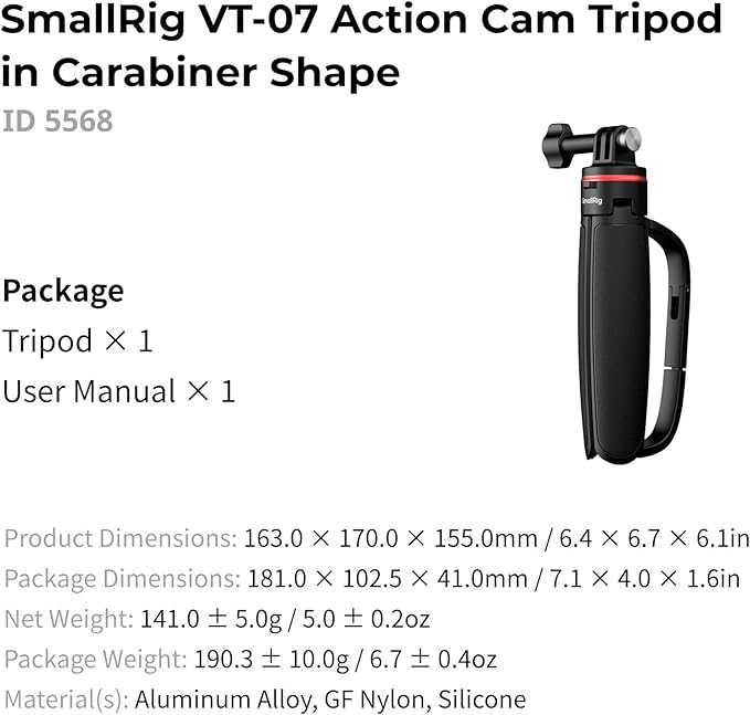 SMALLRIG Portable Action Camera Tripod in Carabiner Shape, 6.5-13.6in Extendable Selfie Stick, Mini Table Tripod for GoPro Hero 13/12/11, for DJI Osmo Action 5 pro/4/3, for Insta360 Ace Pro 2-5568