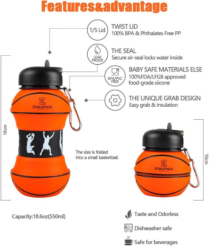 Collapsible Water Bottles with Carabiner Food Grade Sports Water Bottle for Gift Kids Folding Water Bottle for Hiking, School, GYM, Sports and Travelling 19 Oz/550ml (Basketball)