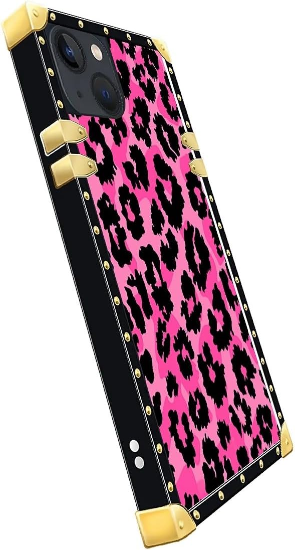 Compatible with iPhone 15 Case, Pink Black Leopard Luxury Golden Decoration for Girl Women Soft TPU Shockproof Protective Hard PC Back for iPhone 15