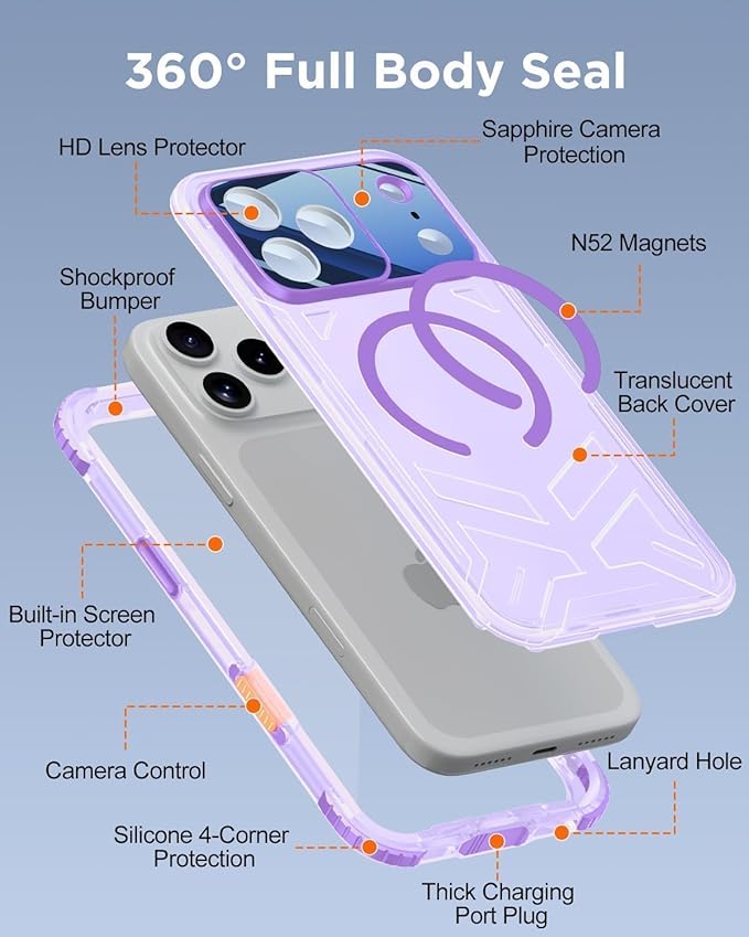 for iPhone 17 Pro Max Waterproof Case with Magsafe, Built-in [Camera & Screen Protector] [Lanyard], IP68 Water Proof Full Body Dustproof Heavy Duty Frosted Protective Phone Cover, 6.9" Purple