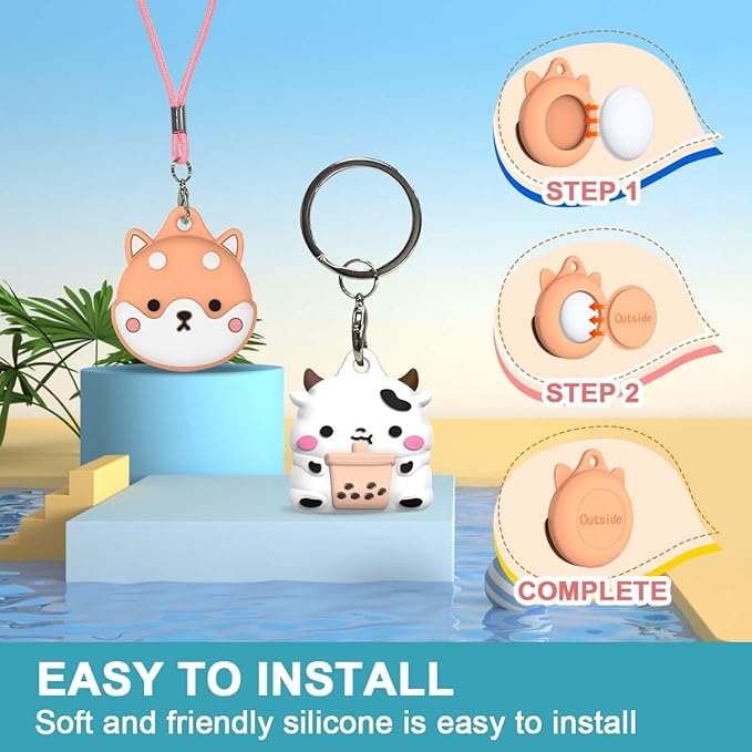 4-Pack Cute Case for AirTag 2/1 Necklace Design, Waterproof Air Tag Necklace Soft Silicone Protective Air Tags Holder with Key Ring