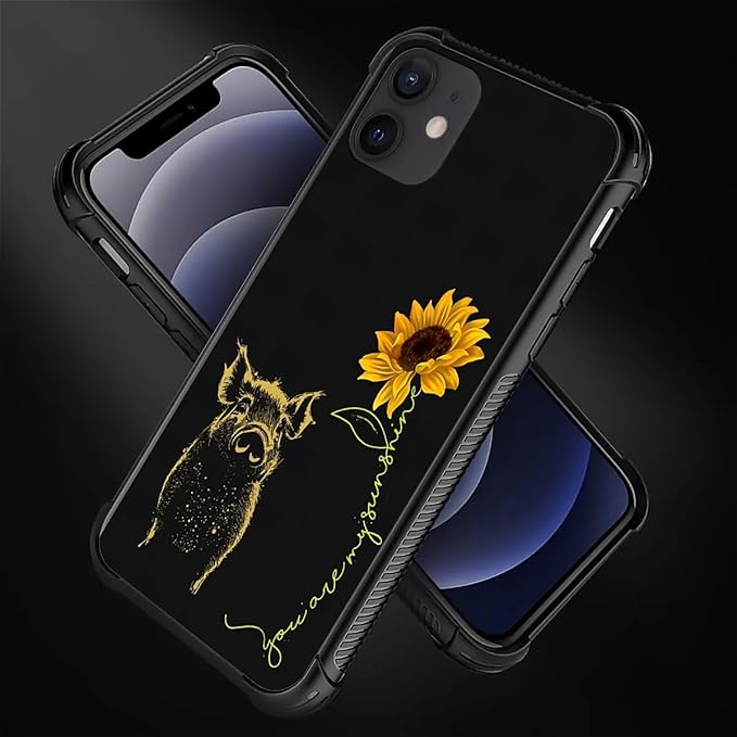 for iPhone 12 Mini Case, Pig Sunflower Yellow Sunshine Pattern Made of Soft Silicone Hard Acrylic Shock Protection for iPhone 12 Mini