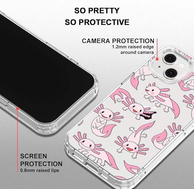 MOSNOVO for iPhone 13/14 Case | Military Grade 6.6ft Drop Tested | Clear with Pink Axolotl Design