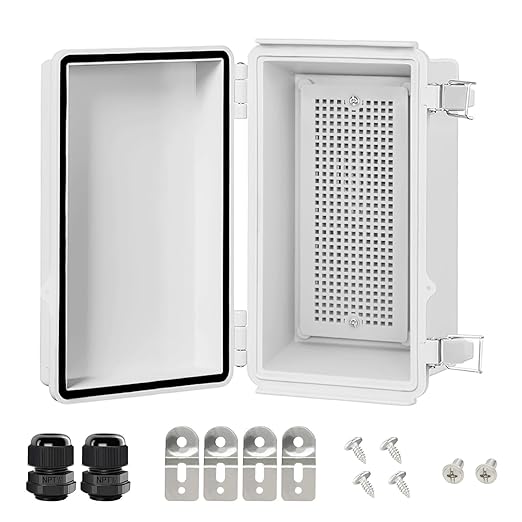 LeMotech Electrical Box, IP67 Waterproof Hinged Cover Stainless Steel Latch Junction Box, ABS Plastic Electrical Enclosure with Mounting Plate,Wall Brackets, Cable Glands,8.2"x4.2"x2.9",Grey