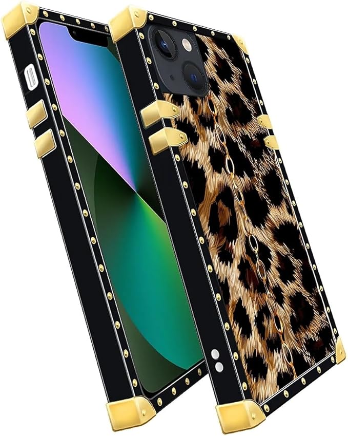 Compatible with iPhone 13 Case, Seamless Gold Chain Leopard Luxury Golden Decoration for Girl Women Soft TPU Shockproof Protective Hard PC Back for iPhone 13