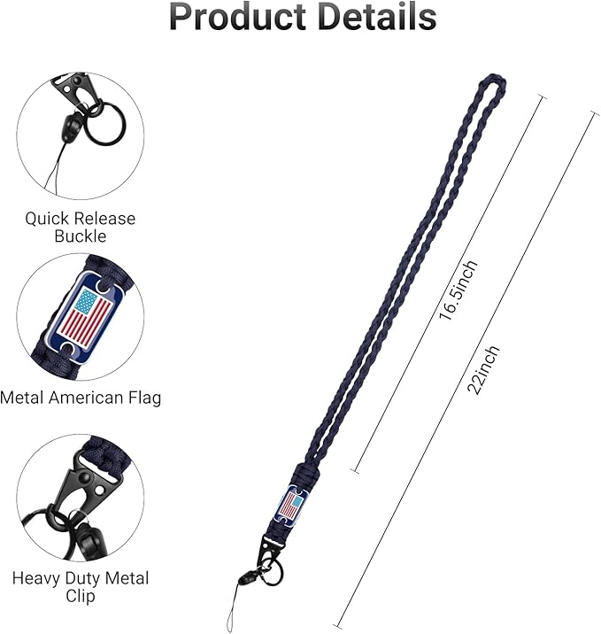 2 Pcs Stylish and Durable Lanyard for Keys - Heavy Duty Paracord Neck Lanyard with USA Flag Design for Wallets, Whistles, Cameras, and Phones - Perfect for Outdoor Activities[Navy Blue]