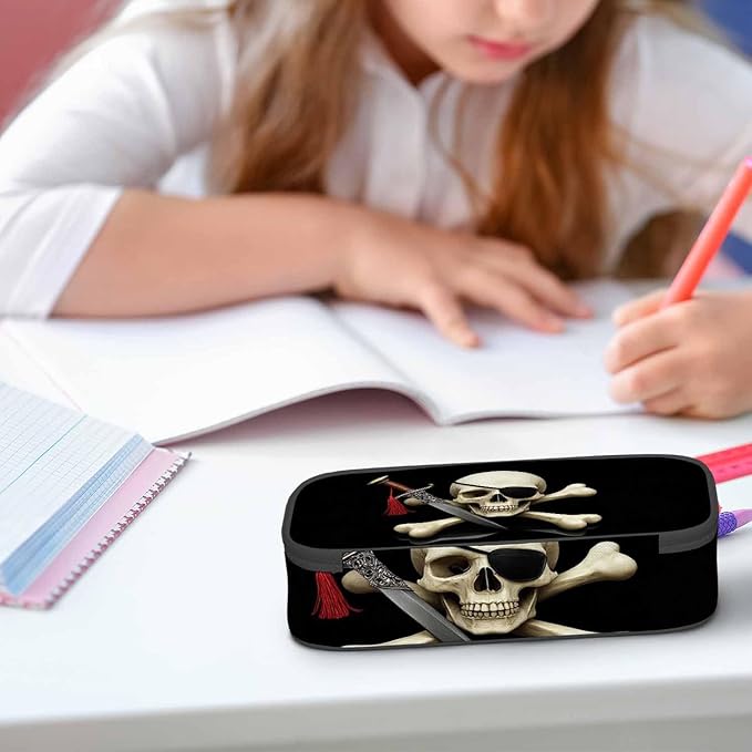 Skull Pirate Pencil Case Crossbones Eye Halloween Day Of The Dead Black Pencil Bag Pouch Box Organizer for College School Students Boy Girl