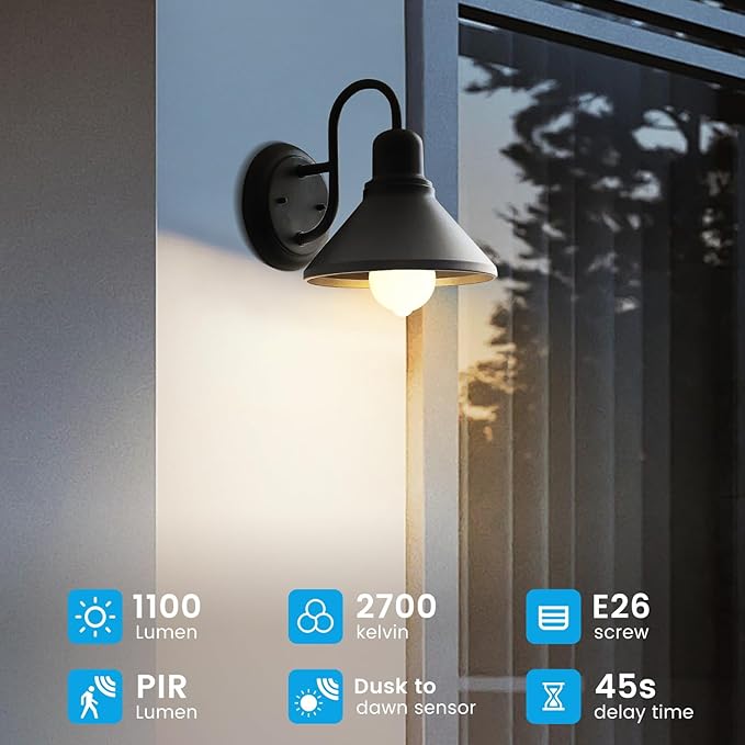 Motion Sensor Light Bulbs Dusk to Dawn 13W 100W Equivalent 1100lm Movement Activated Security LED Light Bulb 2700K Warm White, Auto On Off for Porch Garage Basement Hallway Closet, 4 Pack